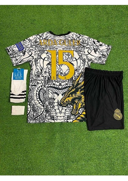 R. Madrid Ejderha Desenli Ardâ-Gülêr Özel Konsept Çocuk Forması 4'Lü Set (Black-White)