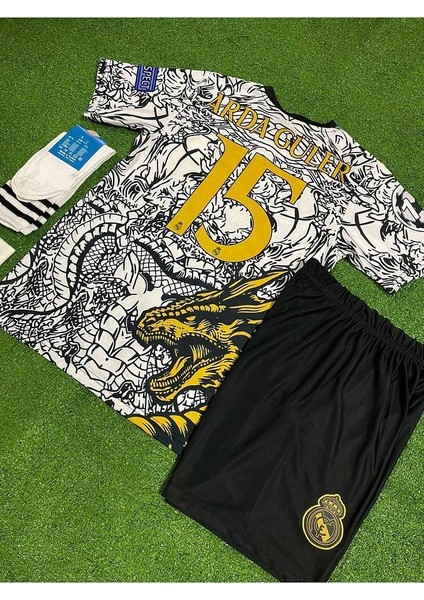R. Madrid Ejderha Desenli Ardâ-Gülêr Özel Konsept Çocuk Forması 4'Lü Set (Black-White)