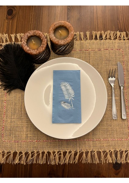 Gümüş Yaldızlı Mavi Palmiye Peçete 16 Adet