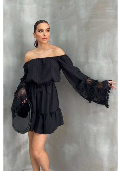 Nana &mayka Moda Kadın Siyah Madonna Yaka Kuşaklı Püsküllü Mini Elbise – Bohem Yazlık Elbise 6003 fiyatları