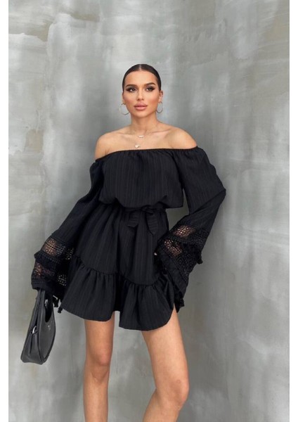 Nana &mayka Moda Kadın Siyah Madonna Yaka Kuşaklı Püsküllü Mini Elbise – Bohem Yazlık Elbise 6003 modelleri