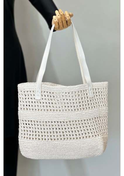El Örgüsü Hasır Çanta Plaj Çantası 026 Ekru