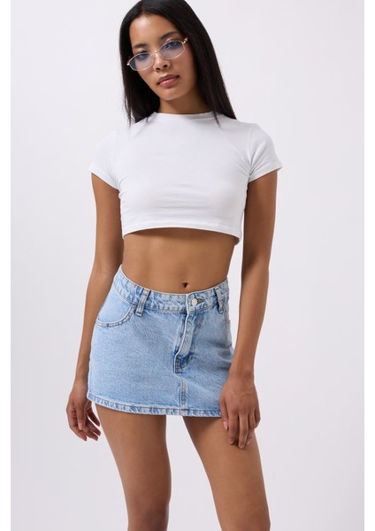 Asimetrik Bel Denim Mini Etek