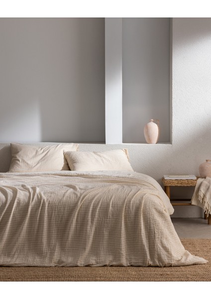 Agnes Tek Kişilik Müslin İpliği Boyalı Lastikli Nevresim Takımı - Bej