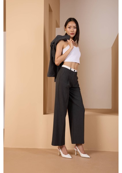 Antrasit Bel Garni Detaylı Palazzo Pantolon