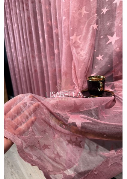 Pembe Düşler Prenses Odası Yıldız Desen Ütü Istemez Tül Perde (1x3 Sık Pile Dikişli))