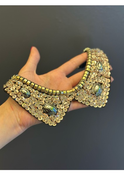 Bronz Sarı Pul Boncuk Işleme Yaka Dikiş Giyim Gömlek Yaka Aplike 19 cm modelleri