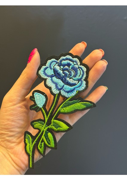 14X7 cm Ütü Ile Yapışan Mavi Çiçek Arma Dikiş Aplike