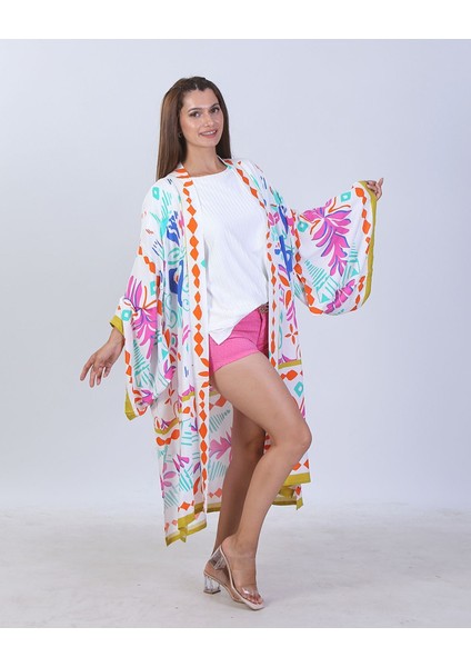 Kimono Kaftan Pamuk Viskon Renkli Desenli Standart Beden