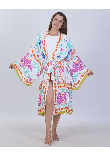 Kimono Kaftan Pamuk Viskon Renkli Desenli Standart Beden