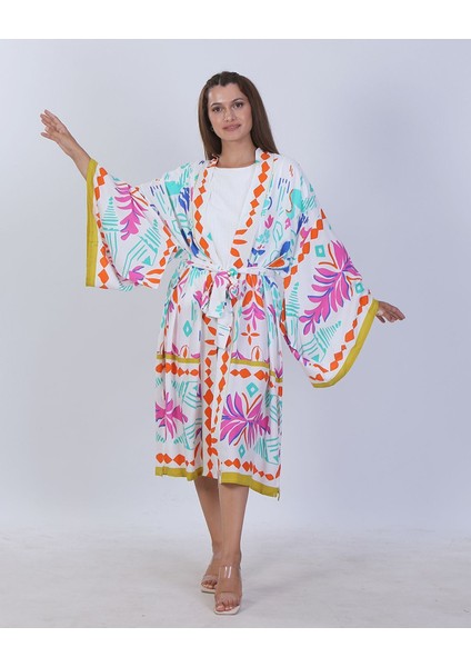 Kimono Kaftan Pamuk Viskon Renkli Desenli Standart Beden