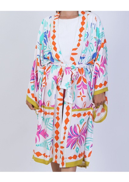 Kimono Kaftan Pamuk Viskon Renkli Desenli Standart Beden
