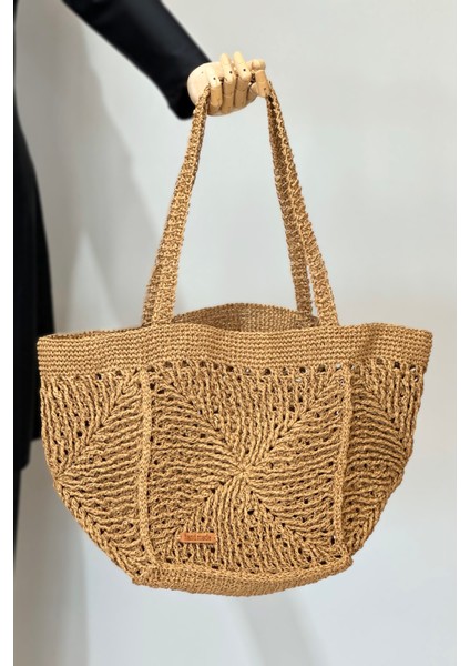 El Örgüsü Hasır Çanta Plaj Çantası 026 CAMEL01