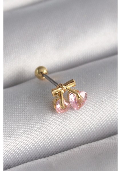 316L Çelik Gold Renk Pembe Zirkon Taşlı Kalp Tragus Piercing - TJ-PR1234
