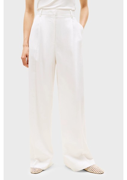 Keten Karışımlı Relaxed Fit Yüksek Bel Geniş Paça Kumaş Pantolon Bayan Pantolon WW0WW47214 Z00