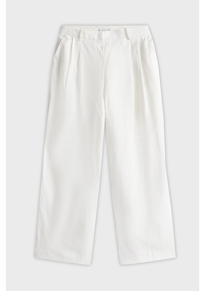 Keten Karışımlı Relaxed Fit Yüksek Bel Geniş Paça Kumaş Pantolon Bayan Pantolon WW0WW47214 Z00