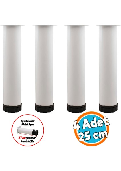 Mobilya Kanepe Baza Koltuk Metal Destek Ayağı Yükseltici Ayarlanabilir Beyaz Ayak 25 cm 4 Adet
