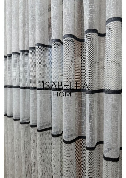 Gris Voile Ince Gri Şerit Ketenimsi ve Petek Tül Perde (Sık Pile 1x3)