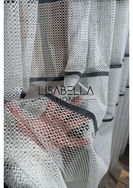 Gris Voile Ince Gri Şerit Ketenimsi ve Petek Tül Perde (Sık Pile 1x3)
