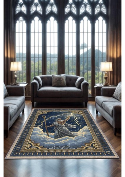 Art Deko Renkli Zeus Temalı Mavi Renkli Halı Zeus Desenli Halı Modern Dijital Baskılı Halı