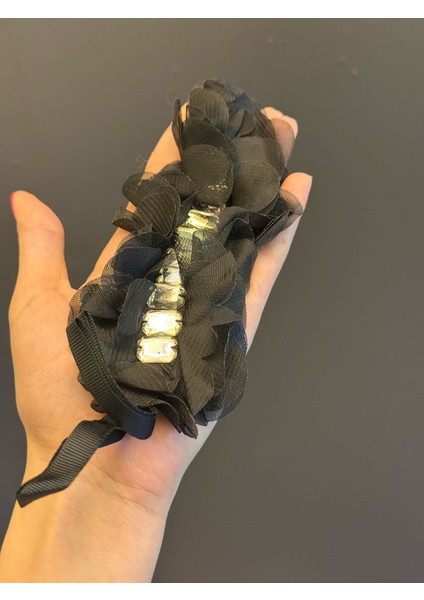 Siyah Fırfırlı Taşlı Arma Dikiş Aksesuarı Apolet 14X6 cm