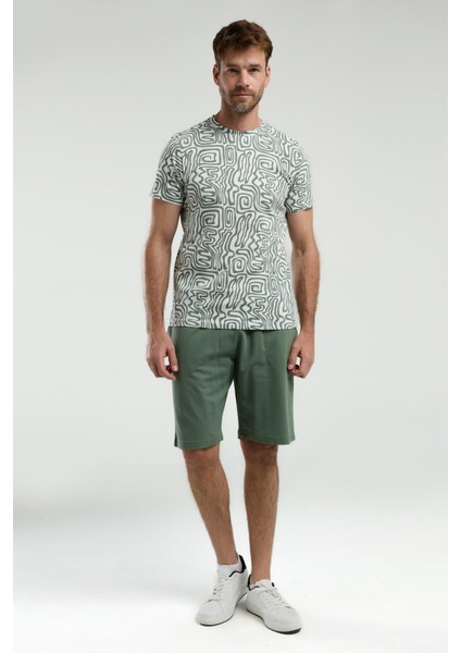 3302 Erkek Bisiklet Yaka Desenli Yarım Kollu Şortlu Pijama Takım