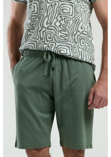 3302 Erkek Bisiklet Yaka Desenli Yarım Kollu Şortlu Pijama Takım modelleri