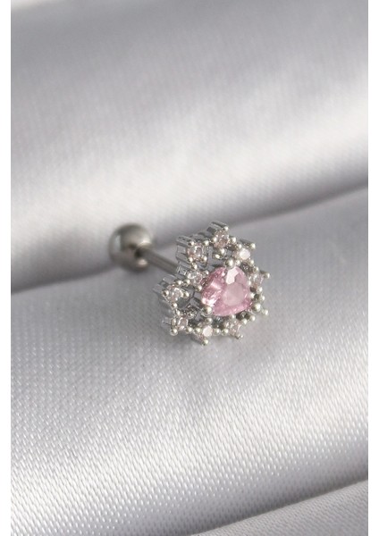 316L Çelik Gümüş Renk Zirkon Taşlı Kalp Tragus Piercing - TJ-PR1231