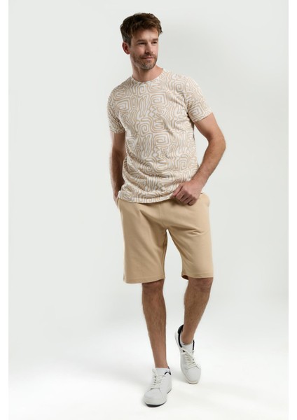 3302 Erkek Bisiklet Yaka Desenli Yarım Kollu Şortlu Pijama Takım modelleri