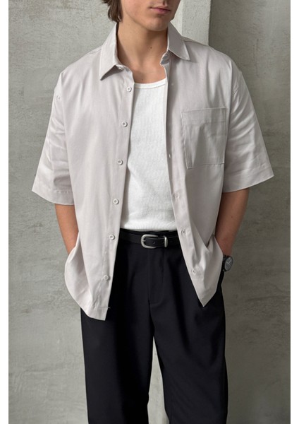 Erkek Oversize Kısa Kol Gabardin Gömlek