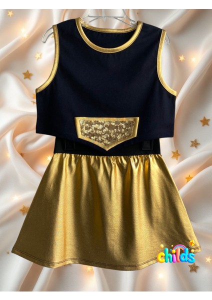 Ikili Takım Kız Çocuk Crop Pamuklu Üst Parlak Gold Lame Baskılı Mini Etek fiyatları