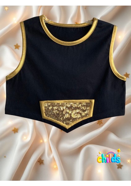 Ikili Takım Kız Çocuk Crop Pamuklu Üst Parlak Gold Lame Baskılı Mini Etek modelleri