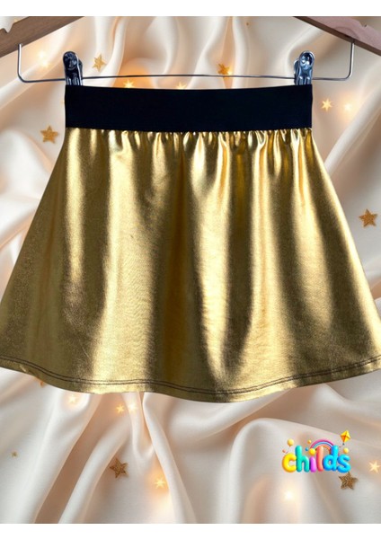 Ikili Takım Kız Çocuk Crop Pamuklu Üst Parlak Gold Lame Baskılı Mini Etek indirimleri