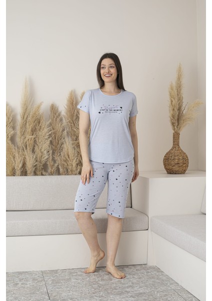 Kadın Kalp Desenli Viskon Kısa Kol Pijama Kapri Takımı-Gri
