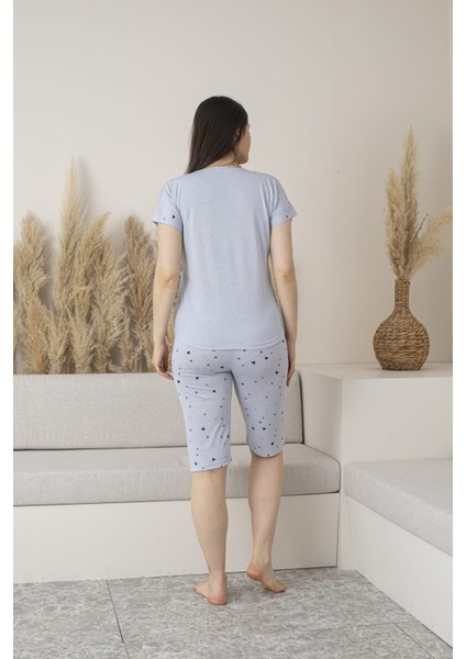 Kadın Kalp Desenli Viskon Kısa Kol Pijama Kapri Takımı-Gri