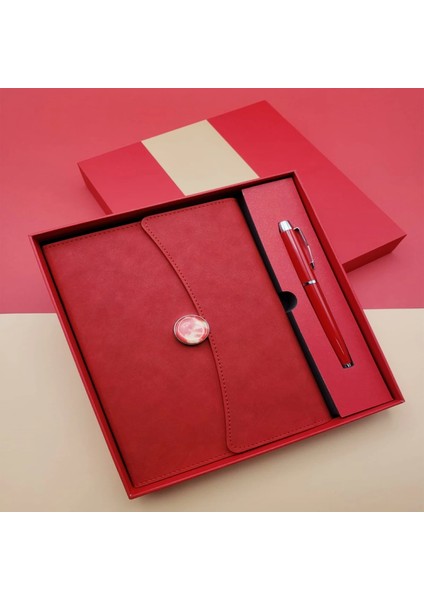 Çizgili Defter ve Metal Kalem Seti Kırmızı