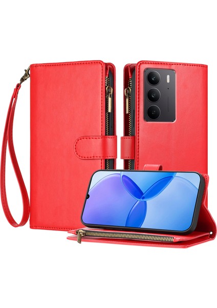 Realme C75 4g ile Uyumlu Rfıd Engelleme Kredi Kartı Tutucu Deri Fermuarlı Kapaklı Cüzdan Bilek Kayışı Destekli Koruyucu Kılıf (Yurt Dışından)