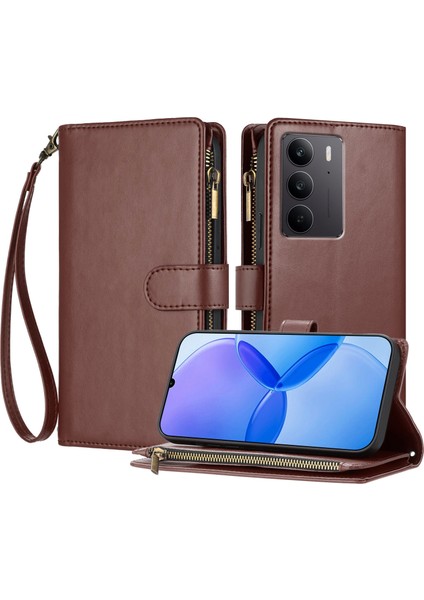 Realme C75 4g ile Uyumlu Rfıd Engelleme Kredi Kartı Tutucu Deri Fermuarlı Kapaklı Cüzdan Bilek Kayışı Destekli Koruyucu Kılıf (Yurt Dışından)