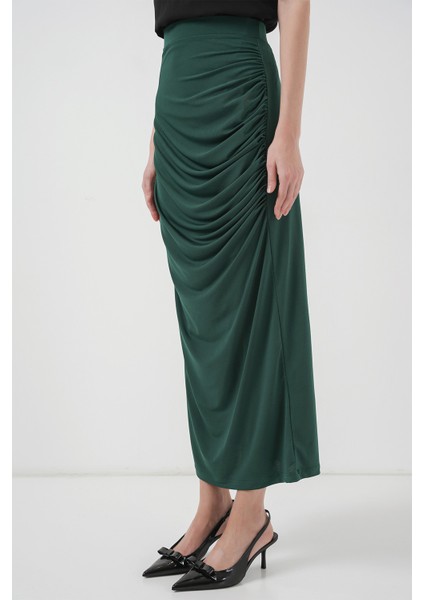 8035 Büzgülü Midi Etek - Zümrüt Yeşili fırsatları