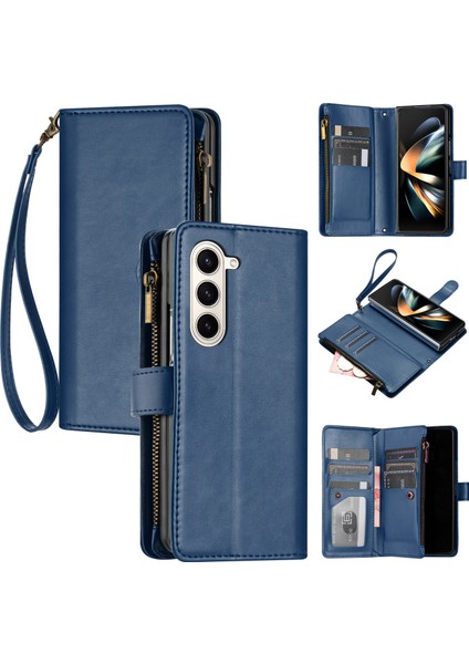 Samsung Galaxy Z Fold 6 ile Uyumlu Rfıd Engelleme Kredi Kartı Tutucu Deri Fermuarlı Kapaklı Cüzdan Bilek Kayışı Destekli Koruyucu Kılıf (Yurt Dışından)