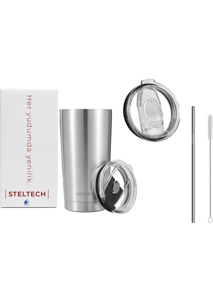 Cup – 600ml Paslanmaz Çelik Termos , Çelik Pipetli, Ekstra Sürgülü Kapak ve Temizleme fırçalı