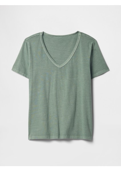 Kadın Açık Yeşil Organik Pamuk Vintage V Yaka T-Shirt