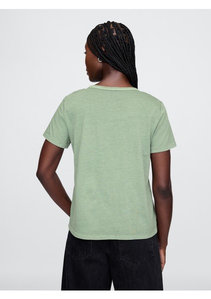 Kadın Açık Yeşil Organik Pamuk Vintage V Yaka T-Shirt