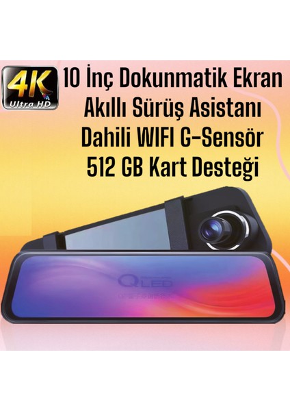4K Yüksek Kalite Ayna Araç Kamerası Sürüş Asistanı ve 10 Inç Dokunmatik Ekran + Wifi Özellikli