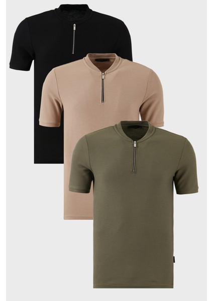Pamuklu Regular Fit Yarım Fermuarlı Kolej Yaka 3'lü Paket T Shirt Erkek T Shirt 5902653S3
