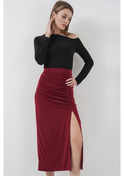 8033 Sandy Yırtmaçlı Etek - Bordo