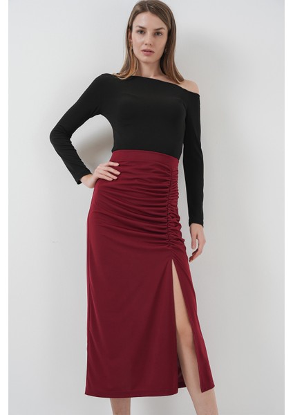 8033 Sandy Yırtmaçlı Etek - Bordo