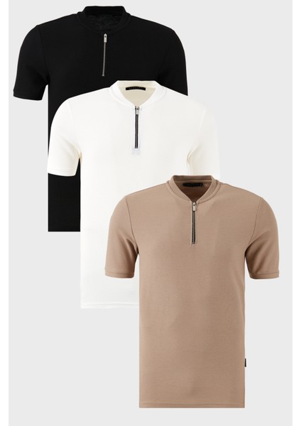 Pamuklu Regular Fit Yarım Fermuarlı Kolej Yaka 3'lü Paket T Shirt Erkek T Shirt 5902653S3