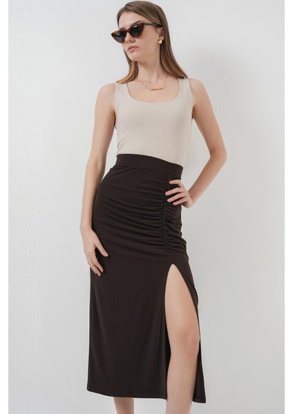 8033 Sandy Yırtmaçlı Etek - Kahverengi