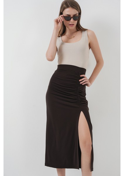 8033 Sandy Yırtmaçlı Etek - Kahverengi fiyatları